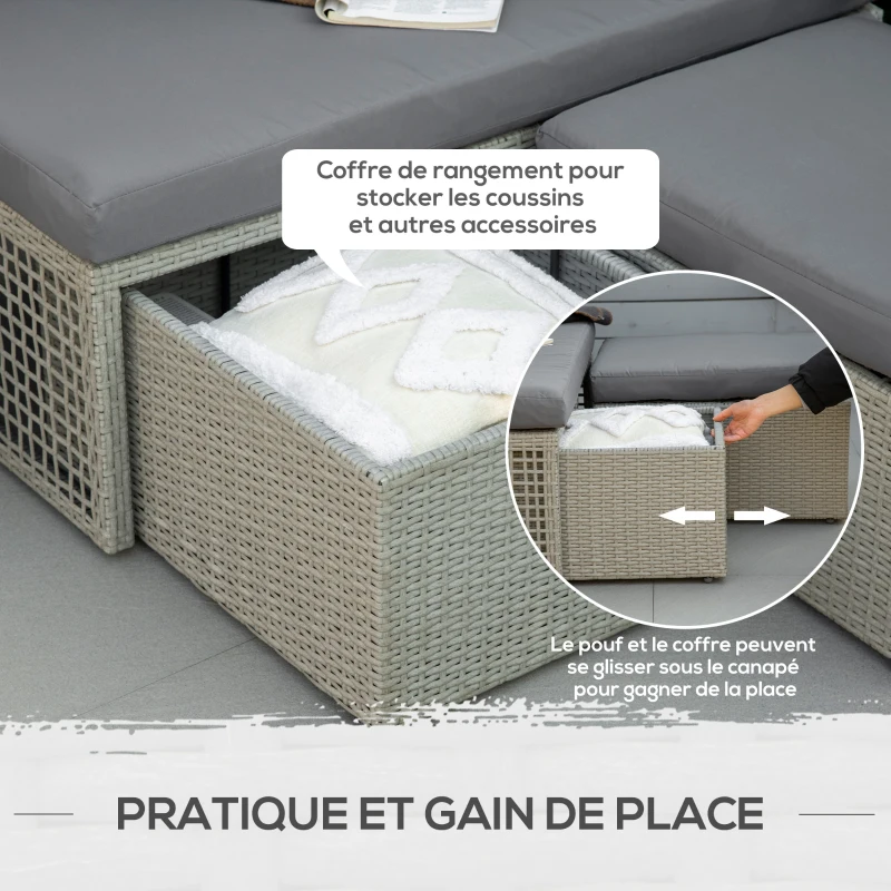 Outsunny Ensemble salon de jardin 3 places 3 pièces - canapé 2 places, pouf, coffre rangement - 4 coussins inclus - résine tressée imitation rotin gris
