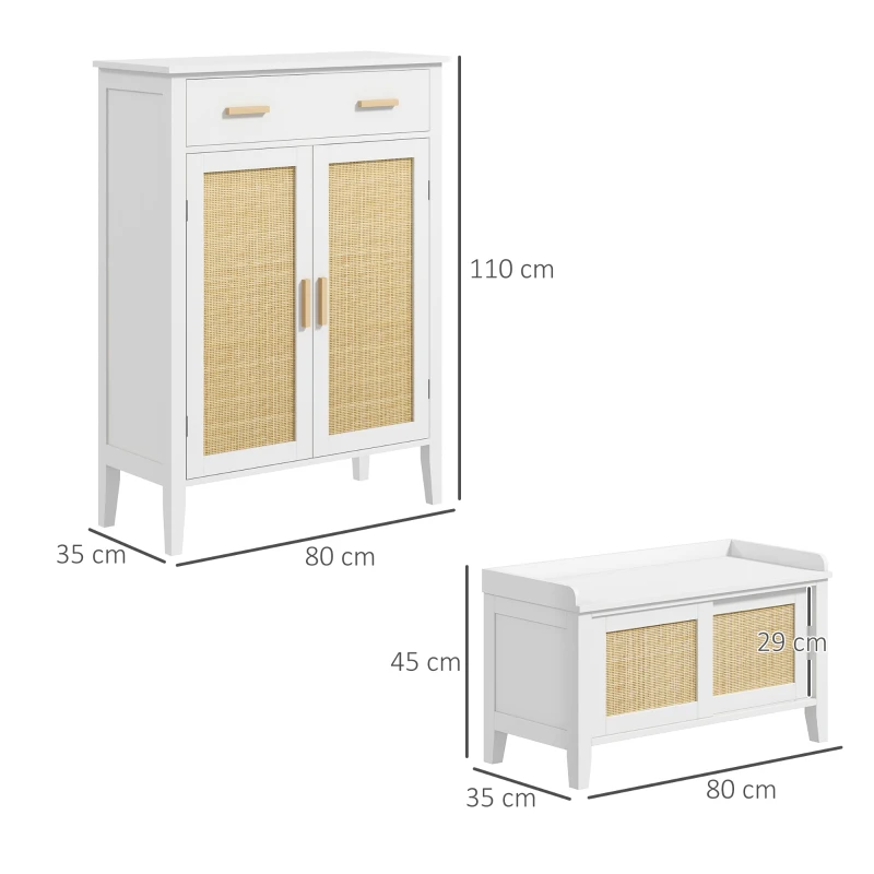 HOMCOM Lot de Banc à chaussures + Meuble à chaussures - meuble de rangement pour l'entrée - 2 portes effet cannage - blanc