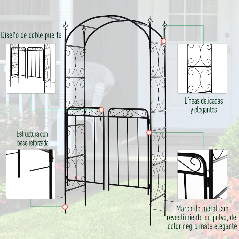 Outsunny Arco de Jardín con Doble Puerta Enrejado de Metal 108x45x215 cm con Cerradura para Plantas Trepaderas Enredaderas Exterior Patio Césped Boda Color Negro Mate