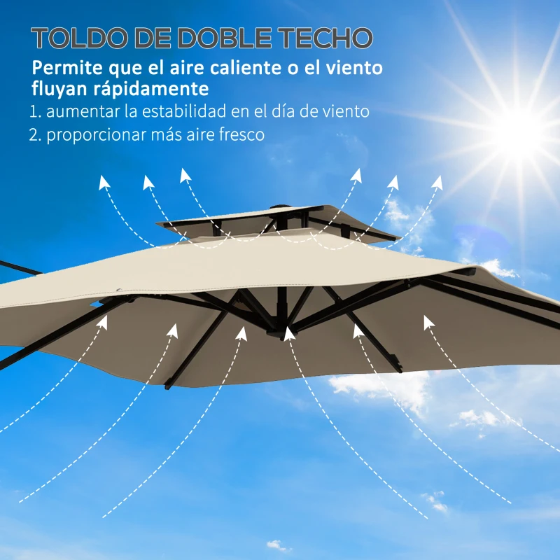 Outsunny Sombrilla de Jardín 300x300 cm Parasol de Aluminio con Manivela Poste Giratorio 360° Doble Techo Inclinable Caqui