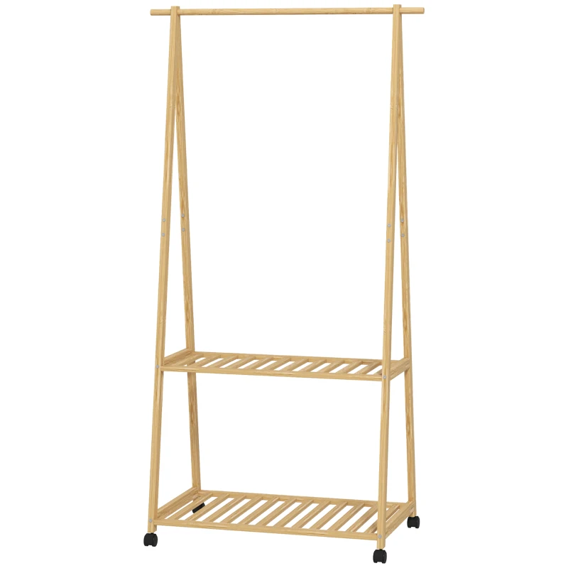 HOMCOM Perchero Burro para Ropa de Bambú con Ruedas 2 Estantes Abiertos y 2 Ganchos 84,5x43,5x158 cm Natural