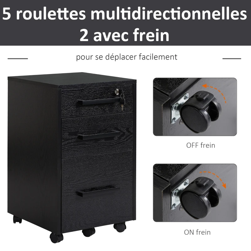HOMCOM Caisson de bureau rangement bureau sur roulettes 3 tiroirs 1 verrouillable 1 trieur à dossiers MDF panneaux particules noir