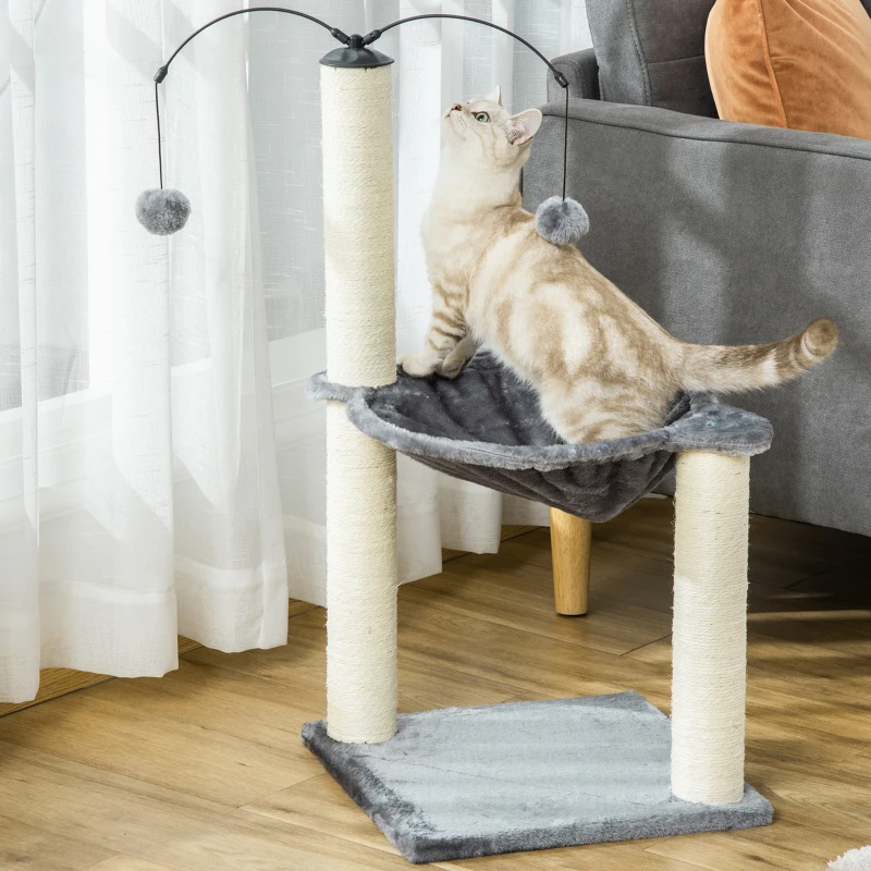 PawHut Kratzbaum mit Hängematte Katzenbaum Kletterbaum für Katzen mit Spin-Ball Grau 39,5x39,5x83 cm