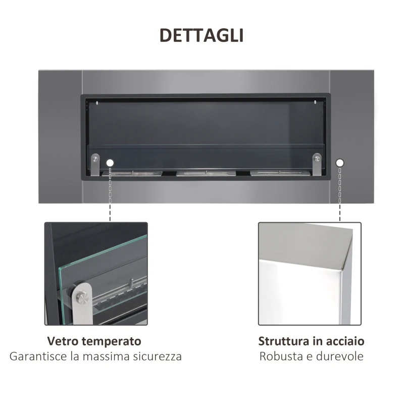 HOMCOM Caminetto a Bioetanolo da Parete in Acciaio Inossidabile Inodore con 3 Serbatoi 1.5LT, 136 x 14 x 54cm, Argento e Nero