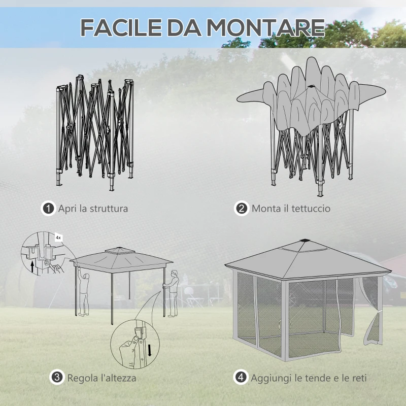 Outsunny Gazebo da Giardino ad Altezza Regolabile con Luci LED, in Acciaio e tessuto Oxford, 336x336x250-270 cm, Grigio