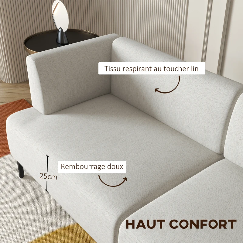 HOMCOM Canapé 3 pièces modulable design moderne et minimaliste en tissu avec pieds acier noir 250 x 75 x 70 cm blanc