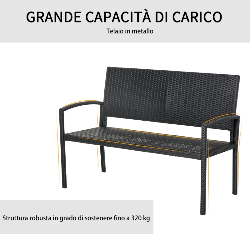 Outsunny Panchina da Giardino ed Esterno in Rattan, Panca in Rattan Nero 2 Posti, 122x60x85cm