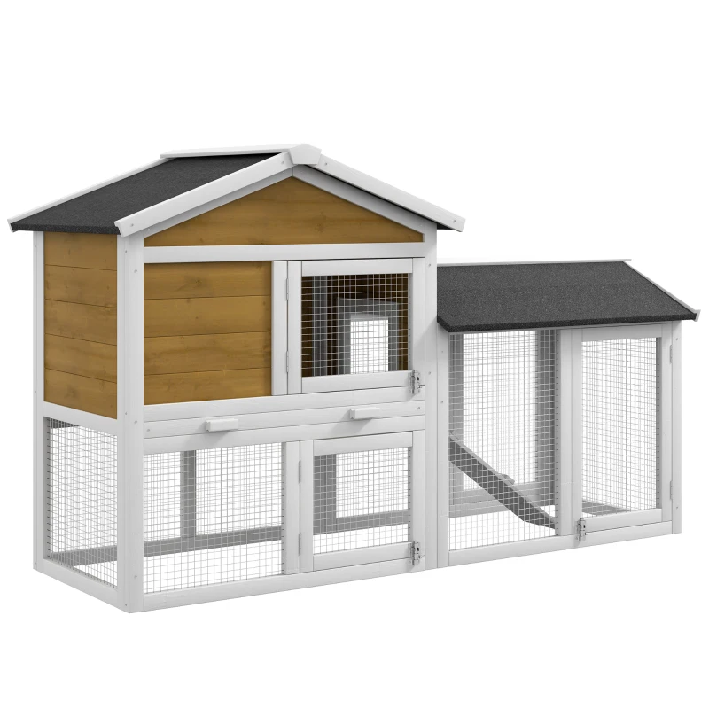 PawHut Wooden Rabbit Hutch Outdoor, Double Tier with Water-Resistant Roof, Ramp 147 x 54 x 84 cm, Yellow