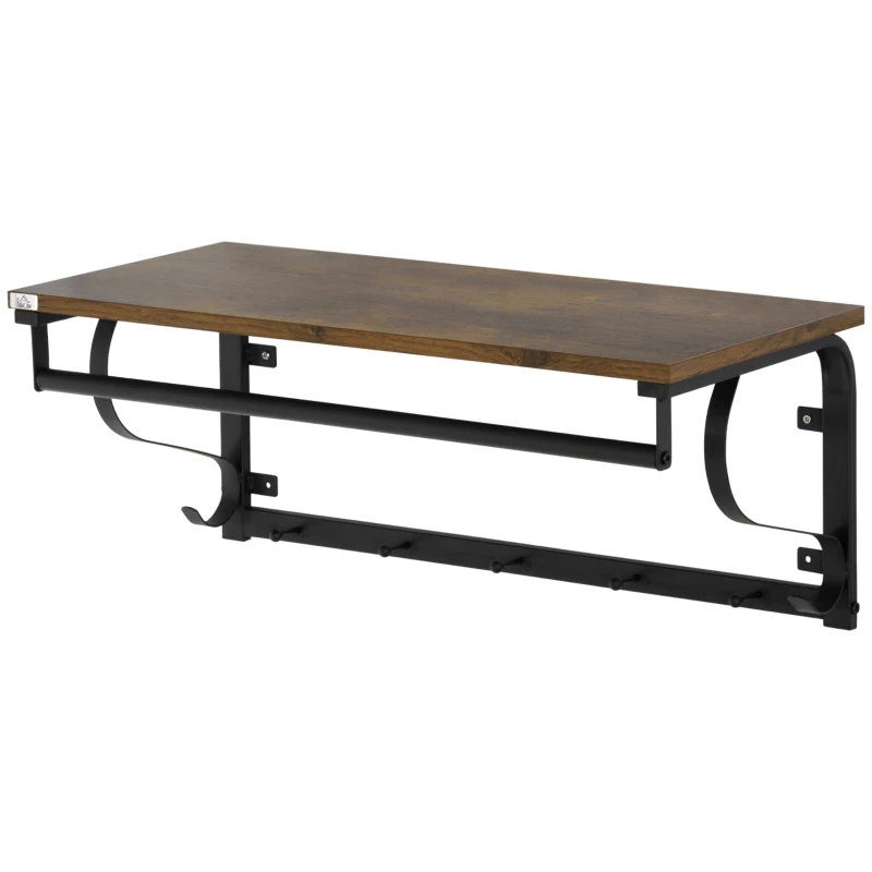 HOMCOM Estantería de Pared Balda Flotante con 5 Ganchos y 1 Barra para Colgar 66x30x27 cm Natural y Negro