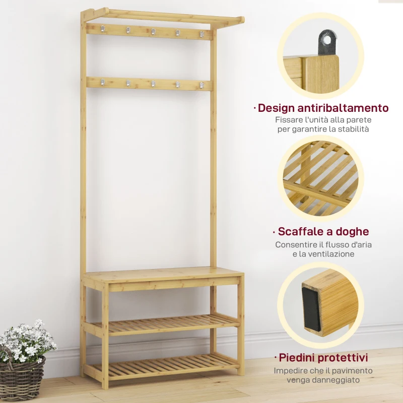 HOMCOM Mobile Appendiabiti 3 in 1 in Bambù con 10 Ganci, 2 Aste e Panca Scarpiera, 70x31x170 cm, Marrone