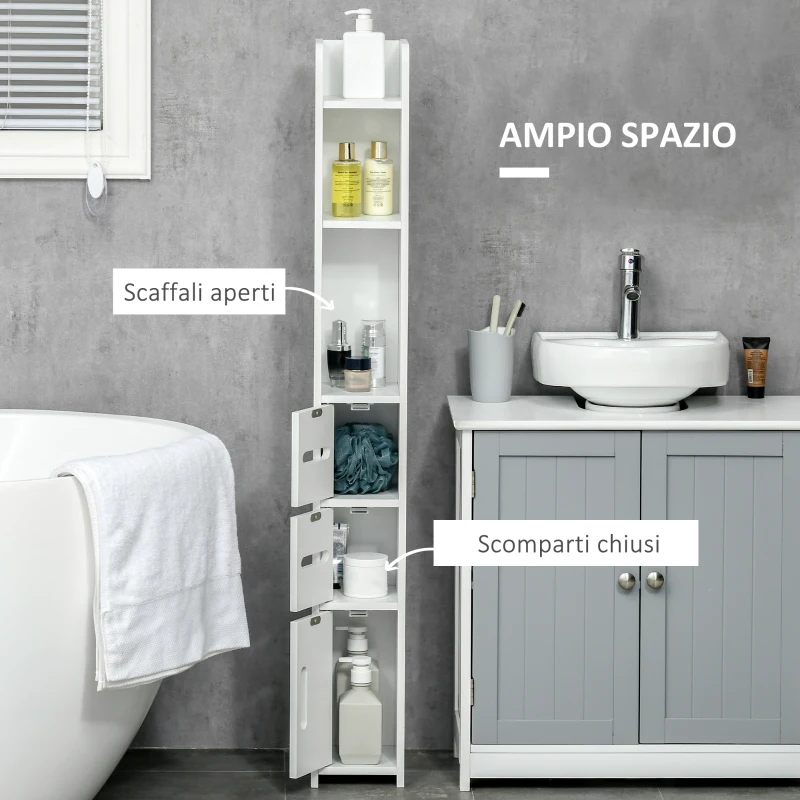 kleankin Colonna Bagno con Mensole e Armadietti, Mobile Alto Salvaspazio in Legno 15x17x120cm, Bianco