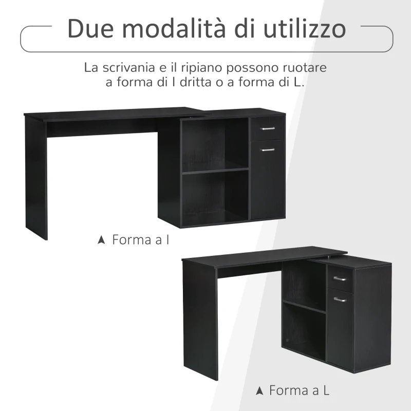 HOMCOM Scrivania Angolare per Studio e Ufficio con 2 Cassetti e 2 Ripiani, in Legno, 117x82x74 cm, Nero