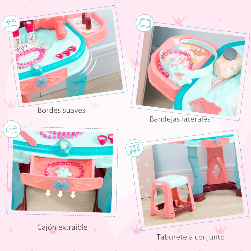 AIYAPLAY Tocador Infantil para +3 Años con Taburete Espejo Luz y Música Tocador de Maquillaje 57x34x76 cm Multicolor