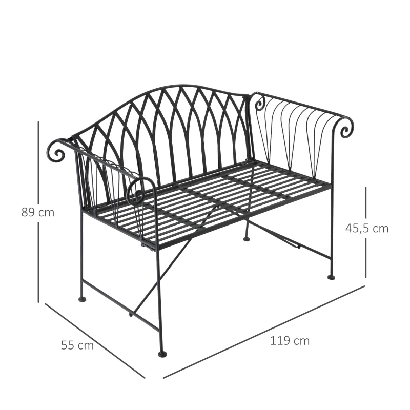 Outsunny Banc de jardin en métal noir façon fer forgé 2 personnes dim. 119l x 55P x 89H cm
