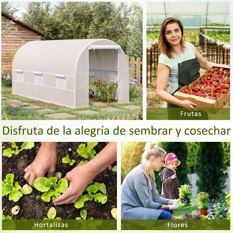 Outsunny Invernadero de Túnel 400x200x200 cm Invernadero de Jardín con Puerta Enrollable y 6 Ventanas PE 140 g/m² Anti-UV Blanco(m-6)