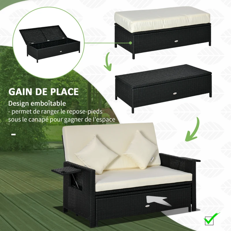 Outsunny Ensemble de jardin 2 places : canapé dossier inclinable tablettes coffre matelas et coussins intégrées + repose-pieds résine tressée noir polyester crème