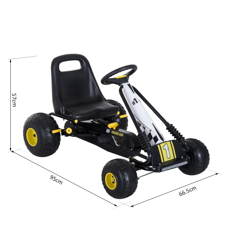 HOMCOM Go Kart Coche de Pedales Racing Deportivo con Asiento Ajustable Embrague y Freno 95x66.5x57cm Blanco y Negro
