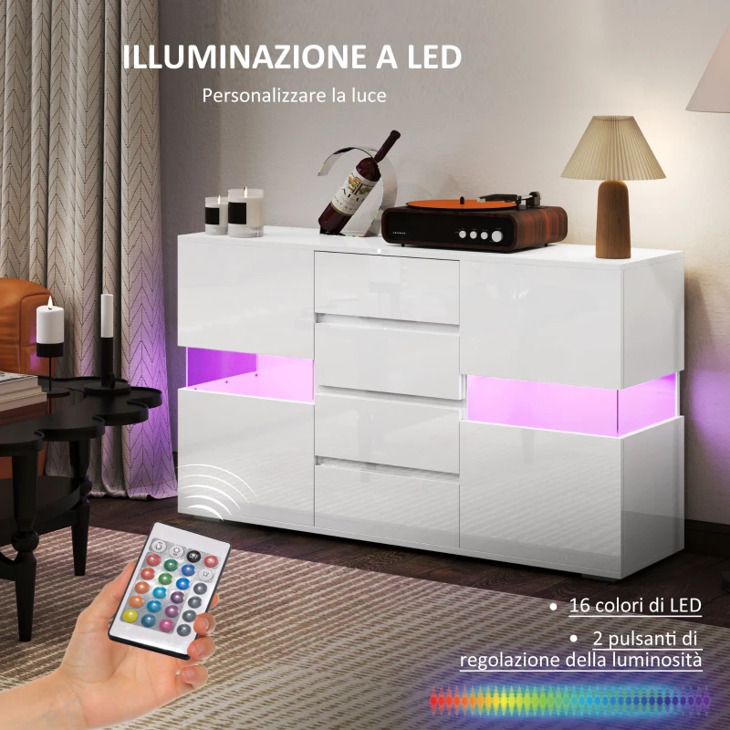 HOMCOM Credenza Moderna con LED Regolabile con Telecomando, 4 Cassetti e 2 Armadietti, 120x34x70 cm, Bianco