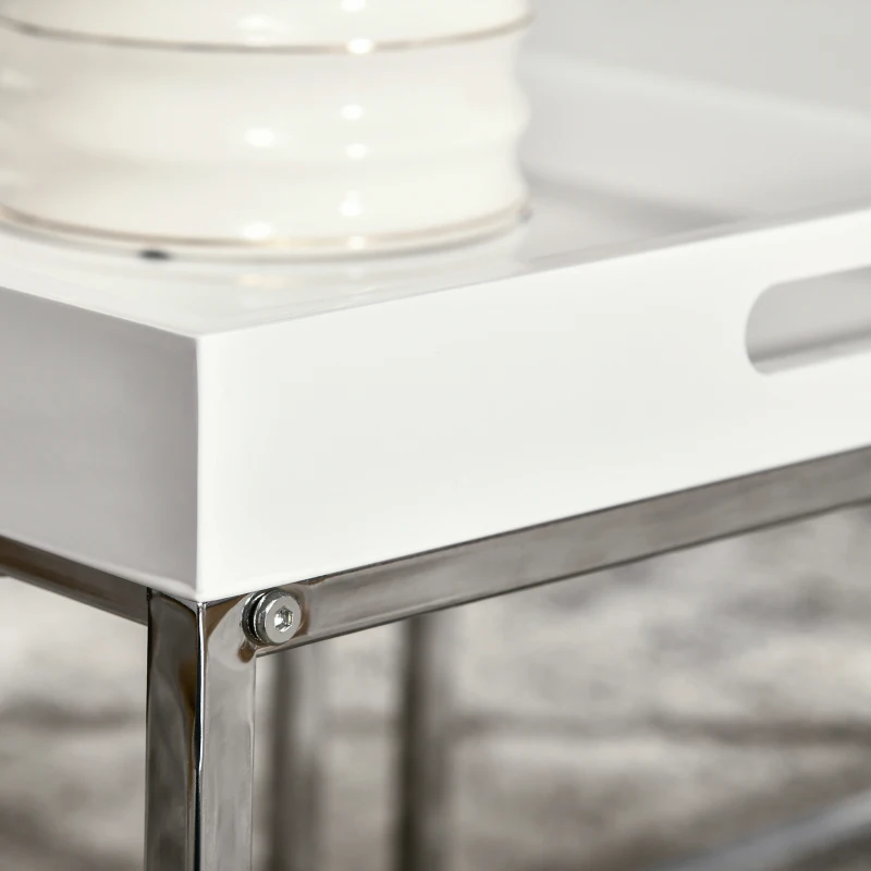 HOMCOM Set da 2 Tavolini da Caffè Impilabili con Finitura Lucida e Telaio in Acciaio, Bianco