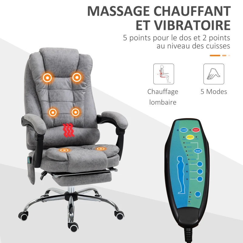 Vinsetto Fauteuil de bureau direction massant chauffant hauteur réglable dossier inclinable toile de microfibre gris(m-4)
