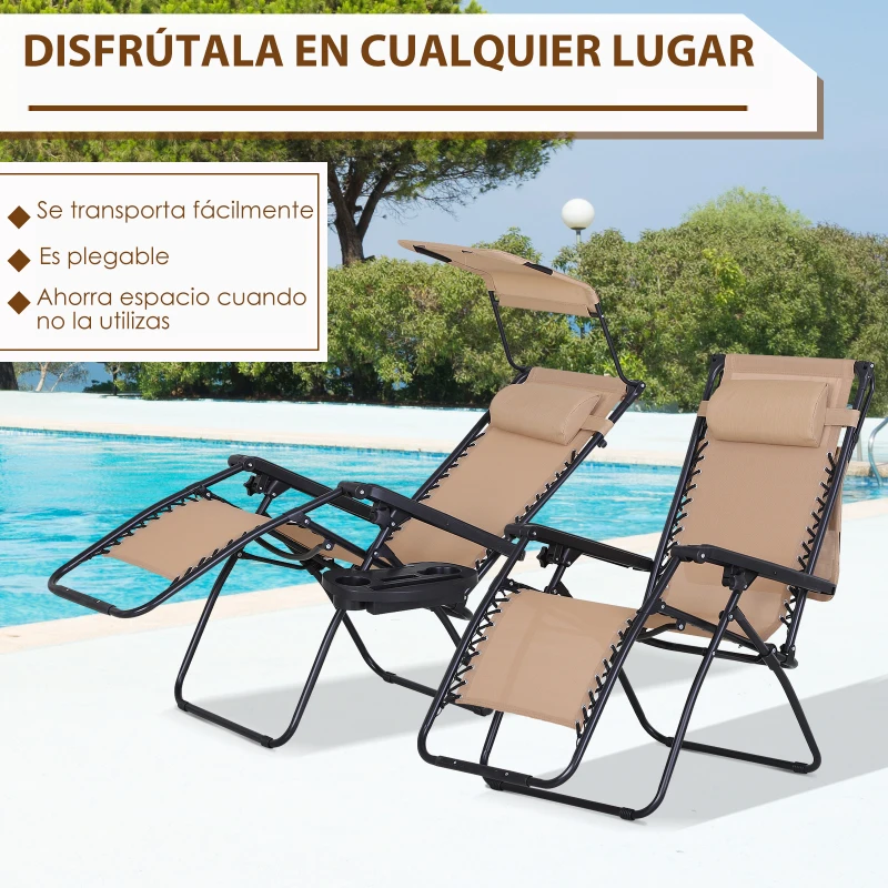 Outsunny Tumbona Plegable Silla de Gravedad Cero Reclinable con Toldo de Sombra con Bandeja Portavasos Portátil Texteline para Jardín Balcón Carga 150kg 90x65x110 cm Beige
