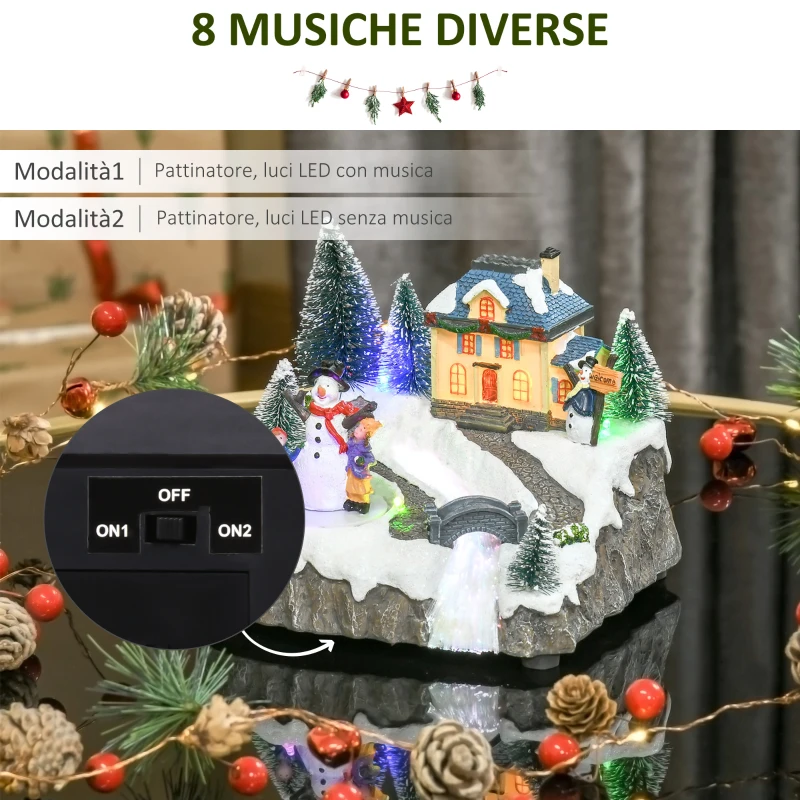 HOMCOM Villaggio di Natale con Luci LED, 8 Musiche e Pattinatori in Movimento, 18.5x16x15cm