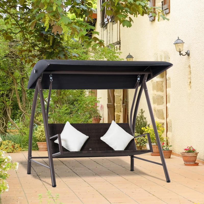 Outsunny Dondolo da Giardino 3 Posti in Rattan PE e Metallo con Cuscini e Tetto Parasole, 198x124x179cm, Marrone