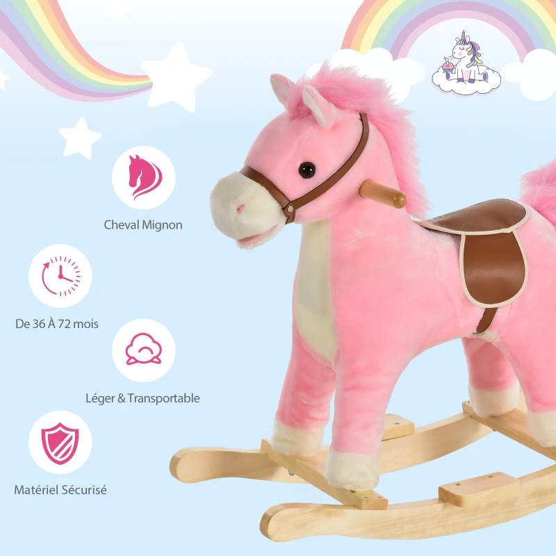 HOMCOM Cheval à Bascule Selle Grand Confort Peluche Courte Douce Bois peuplier Rose dim. 65L x 32,5l x 61H cm(m-5)