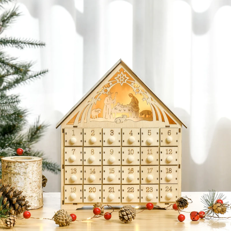 HOMCOM Calendario de Adviento de Madera con Luces Calendario de Navidad con 24 Cajas de Cuenta Regresiva 26,6x6x30 cm Natural