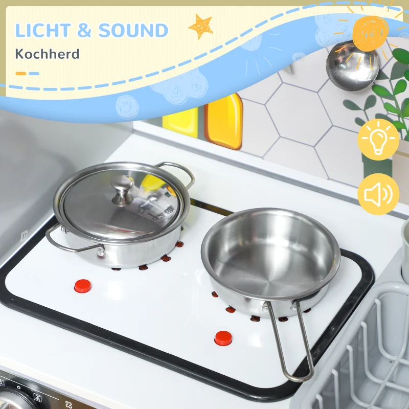AIYAPLAY Spielküchen-Set mit Edelstahl-Geschirrset, Herd, Spüle mit Wasserkreislauf, Licht- & Soundeffekte, Weiß(m-4)