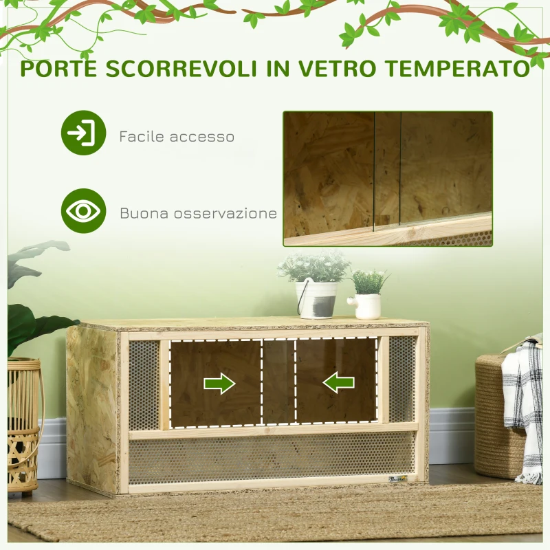 PawHut Terrario per Rettili in Legno con Porte in Vetro Scorrevoli e Pannelli in Rete, 40x80x40 cm
