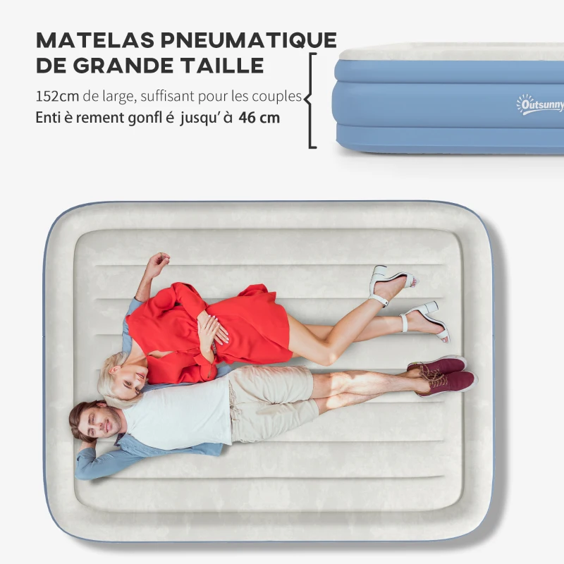 Outsunny Matelas autogonflant de camping lit gonflable pliable 2 personnes - pompe intégrée  surface floquée gris clair et bleu