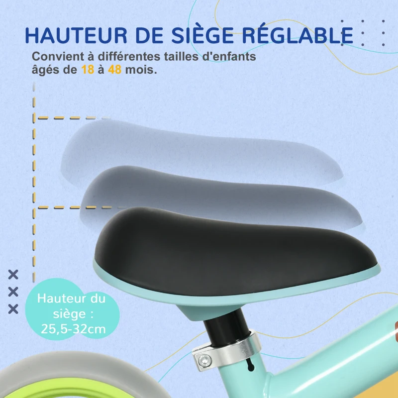 AIYAPLAY Vélo d'équilibre pour bébé siège réglable roues EVA jouet enfant pour bébé 18-48 mois pour garçons et filles vert