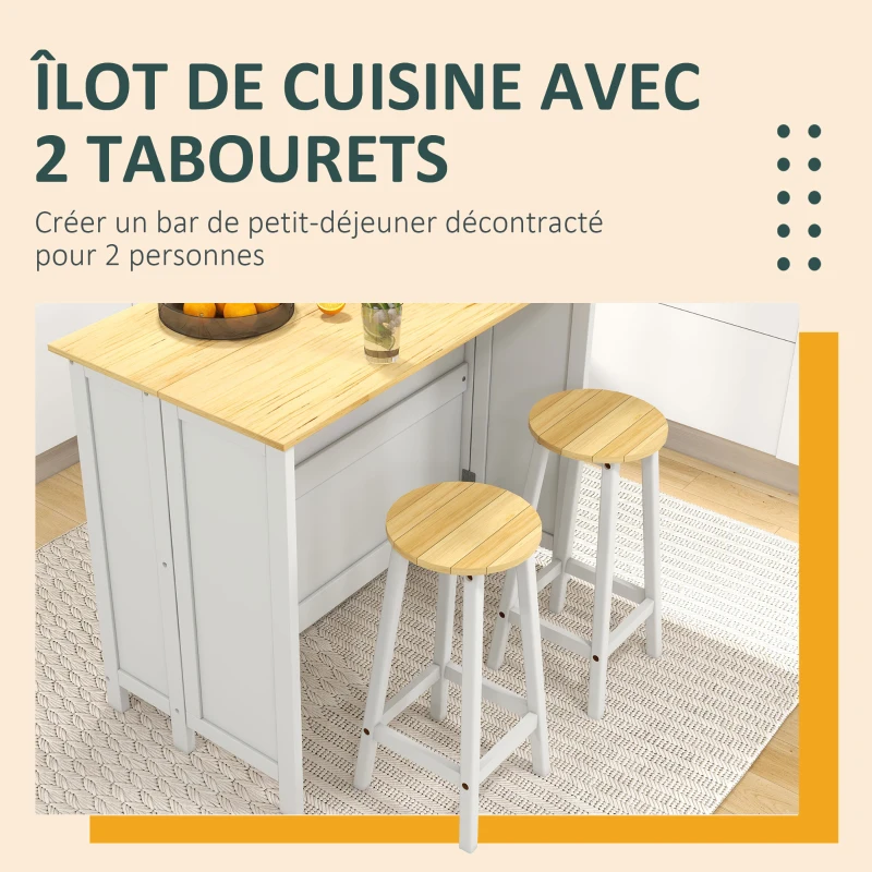 HOMCOM Desserte îlot de cuisine avec 2 tabourets plan de travail rabattable 2 placards avec 4 portes design moderne blanc