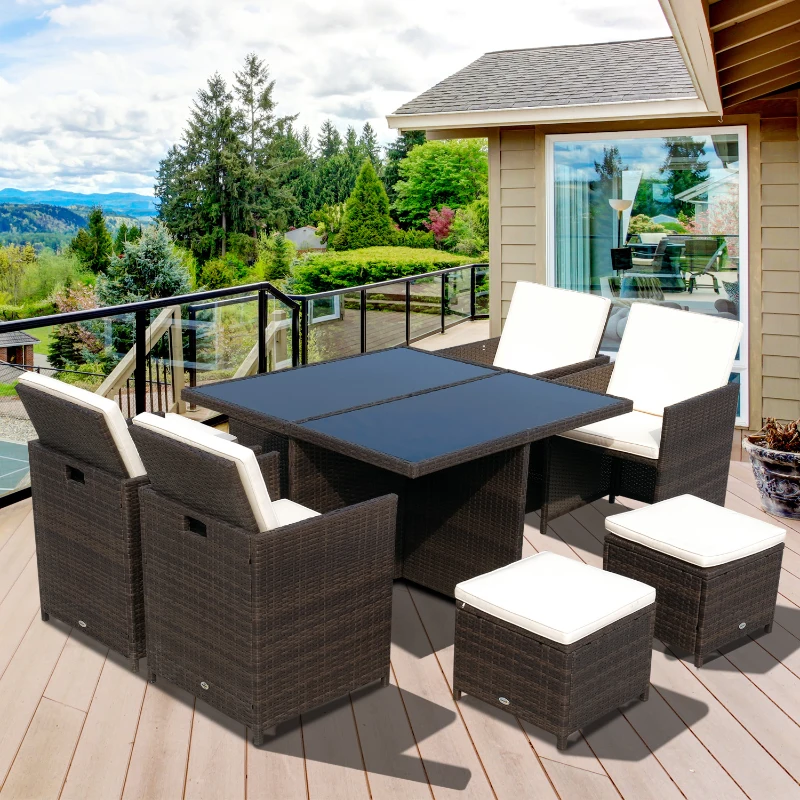 Outsunny Polyrattan Sitzgruppe Essgruppe 9 tlg. mit Kissen Gartenmöbel Alu Braun
