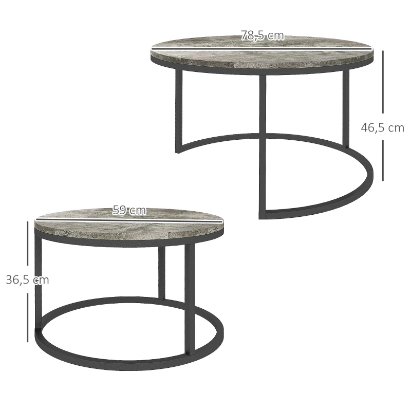 HOMCOM Salontafel-Set, 2 Ronde Tafels, Industrieel Ontwerp, Metalen Frame, Marmerlook/Grijs