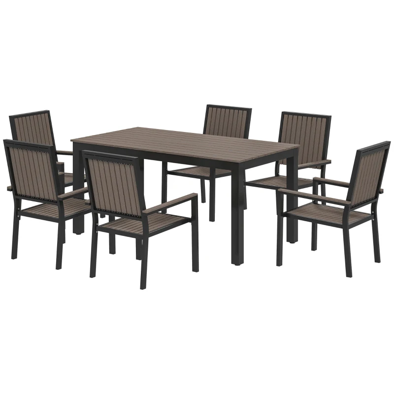 Outsunny 6 Seater Garden Dining Set with Stackable Chairs, Aluminium Frame, Rectangular Plastic Top, Garden Furniture Set, Outdoor Dining Table and Chairs for Patio, Balcony, Poolside, Brown