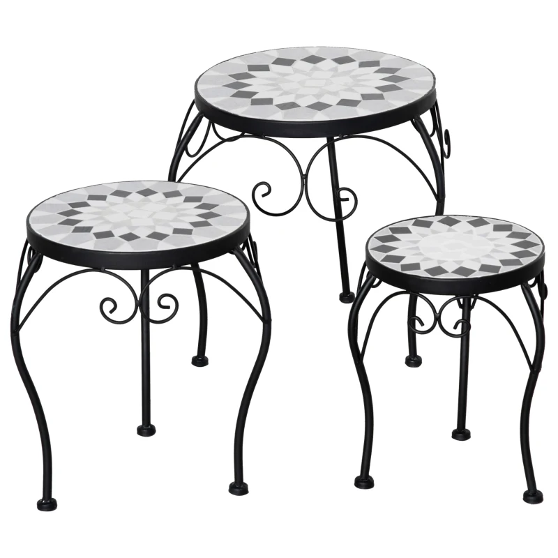 Outsunny Blumenständer 3er Set Pflanzenständer Set Blumenhocker Blumentopfhalter Pflanzenhocker für Blumentopf Keramikfliesen Metall Schwarz+Weiß