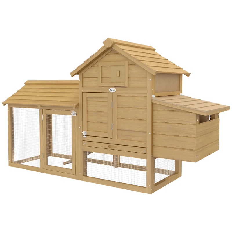 PawHut Gallinero de Madera para Exterior Jaula para 2-3 Gallineras con 2 Corrales de Alambre Techo Abrible Caja Nido Bandeja Extraíble y Rampa 150,5x54x87 cm Natural(m-10)