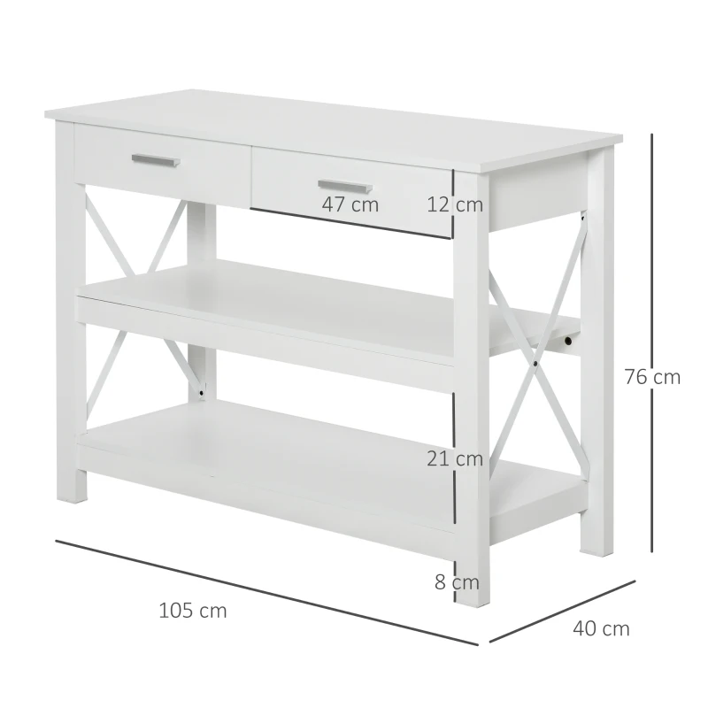 HOMCOM Mesa Consola Mesa de Recibidor Entrada con 2 Cajones y Estantes Inferiores Marco Metálico 105x40x76 cm Blanco