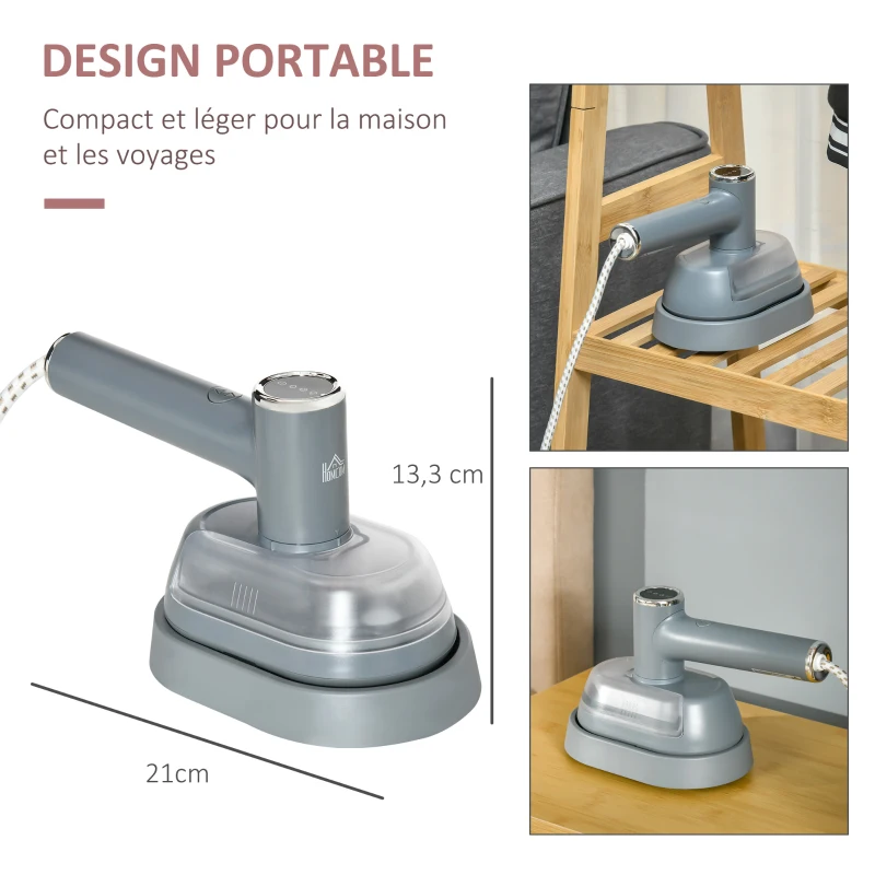 HOMCOM Défroisseur à Main Défroisseur Vapeur Vertical 1200W Prêt en 35s 100 ml Réservoir d'eau Défroisseur Portatif pour voyage 2 niveaux de vapeur - gris