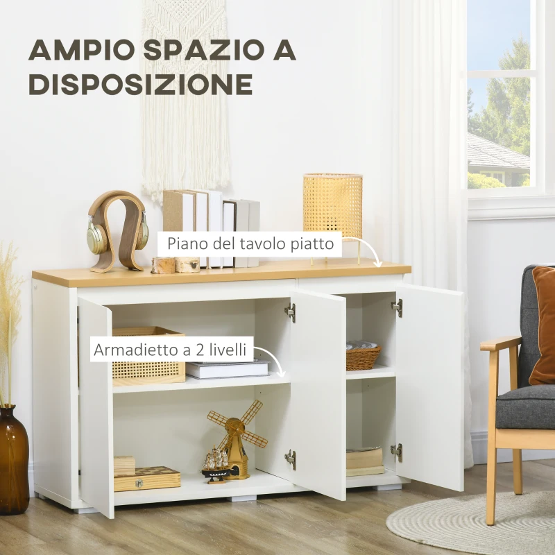 HOMCOM Mobile Multiuso con 2 Armadietti a 2 Livelli in Truciolato, Ripiano regolabile, 120x37x75cm Bianco e Color legno