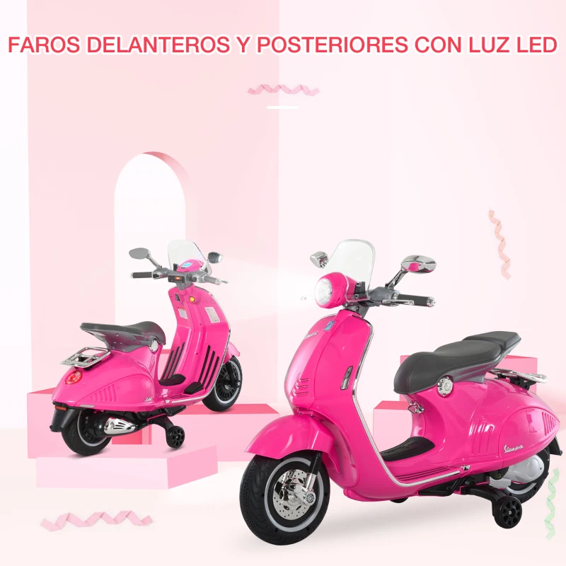 HOMCOM Moto de Batería Autorizada de VESPA con Faros Música 2 Ruedas Auxiliares 108x49x75 cm Rosa(m-9)