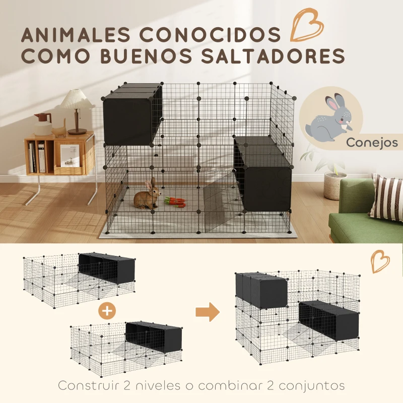 PawHut Valla para Mascotas de Bricolaje Parque para Conejos con Nidos Recinto para Conejos para Cobayas Conejos y Erizos Negro