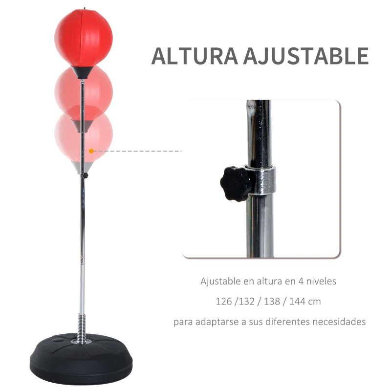 HOMCOM Saco de Boxeo de Pie con Altura Ajustable en 4 Niveles 126-144 cm Base Rellenable y Guantes de Boxeo Rojo y Negro