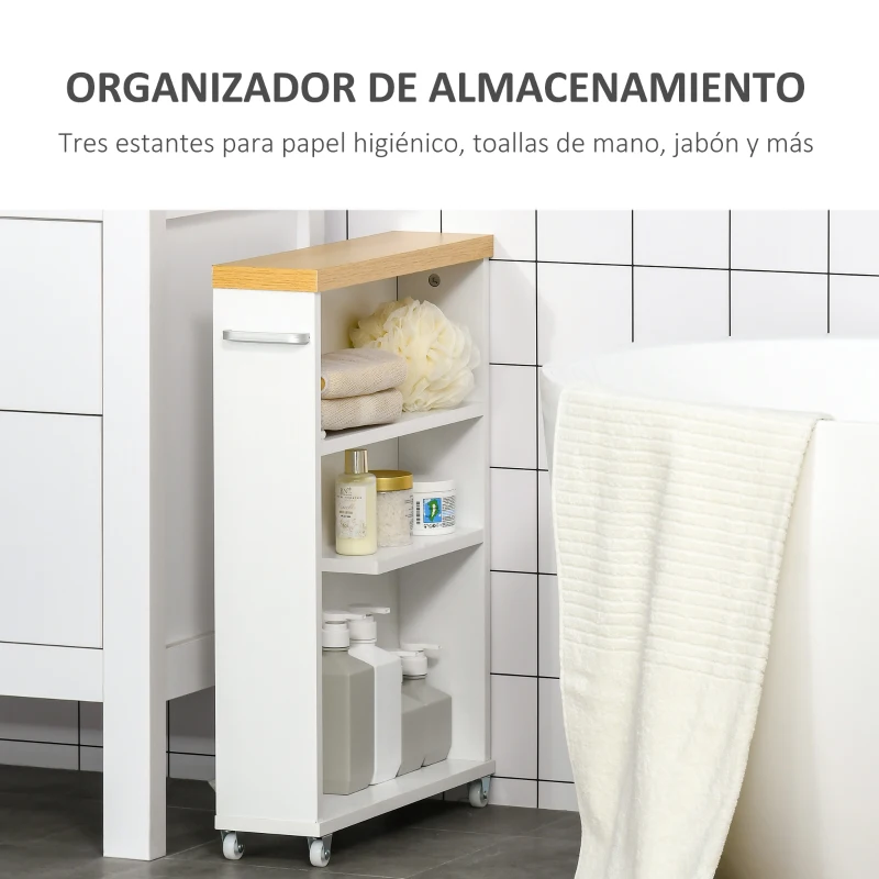 kleankin Armario Auxiliar de Baño Carrito de Almacenaje de 3 Estantes con Ruedas y Manija Lateral para Espacios Estrechos Cocina Dormitorio 50x13x67,5 cm Blanco