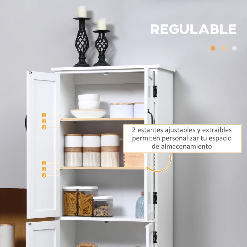 HOMCOM Alacena de Cocina Aparador Alto de Cocina Mueble Auxiliar con 4 Puertas y Estantes Ajustables 60x30x123 cm Blanco(m-6)