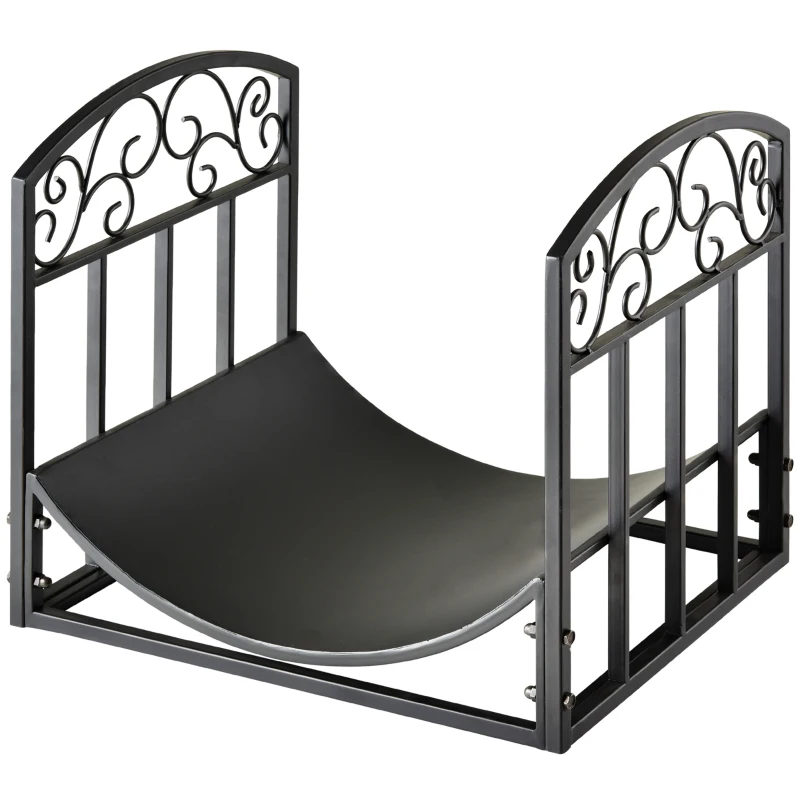 Outsunny Metal Firewood Log Holder Indoor Outdoor Firewood Rack Inner Arced Fireplace Wood Storage Shelf w/ Elegant Scrolls, Black, 45W x 35D x 40H cm