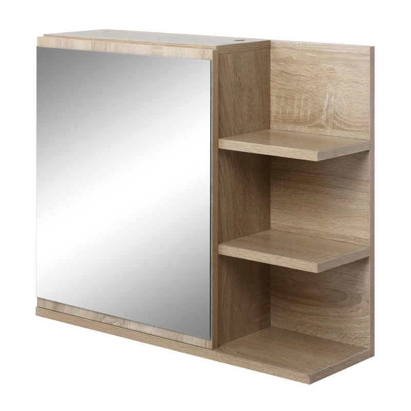 kleankin Spiegelschrank Badschrank Hängeschrank Badmöbel Wandschrank Mehrzweckschrank mit offener Fächern Spanplatte Glas Natur 60 x 18 x 50 cm