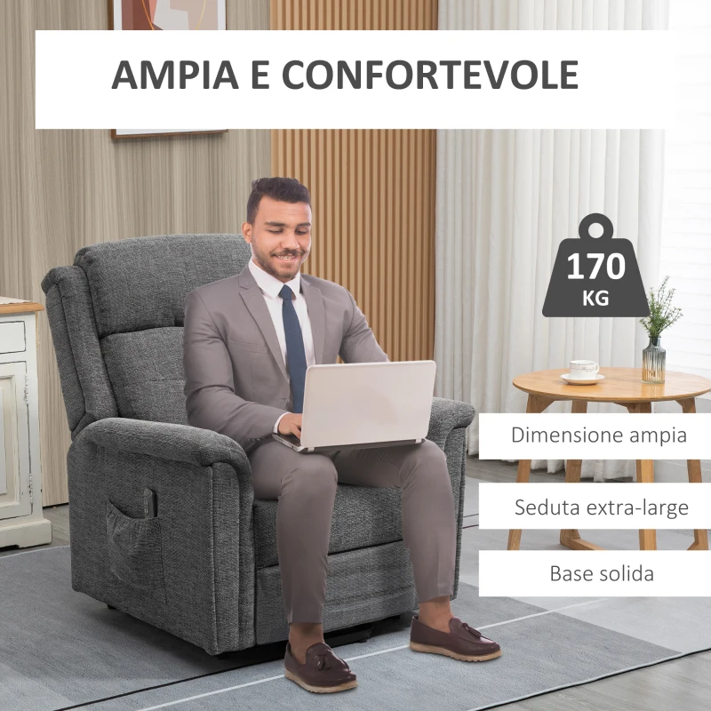 HOMCOM Poltrona Relax Alzapersona Reclinabile con Poggiapiedi, Rivestimento in Tessuto Grigio